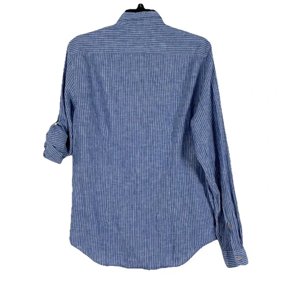Zara Blue Striped Linen Button Shirt Men’s S Slim Fit Roll Tab Sleeves - Picture 2 of 8